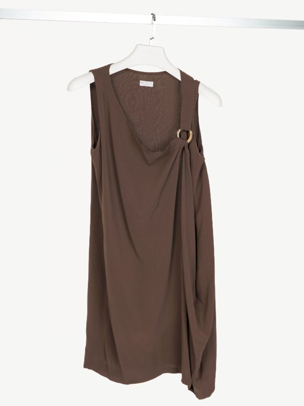 Brunello Cucinelli Brown Silk Crepe Horn-Ring Mini Dress
